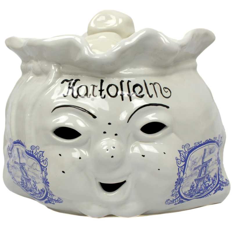 weißer keramik topf in der sackform von 4 liter verziert mit windmühle in blau